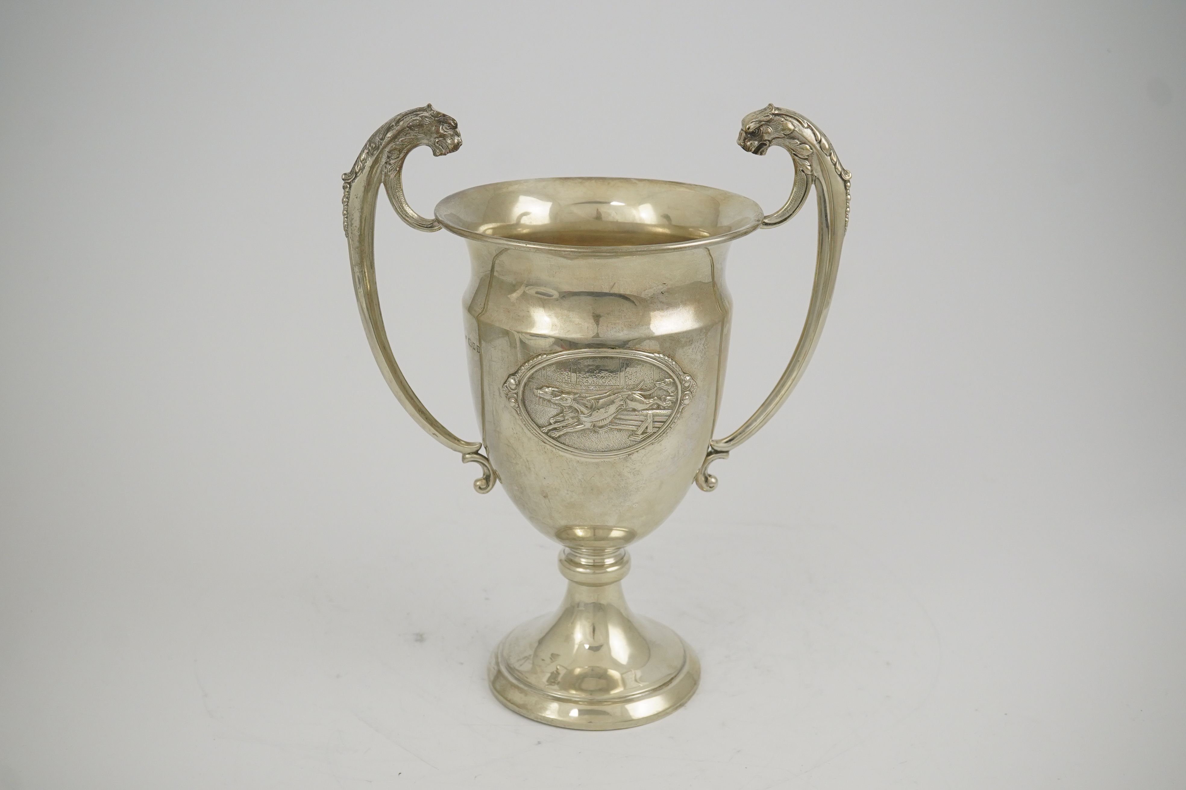 A George V silver two handled presentation greyhound trophy cup, 'The Purley Cup', by Blackmore & Fletcher Ltd